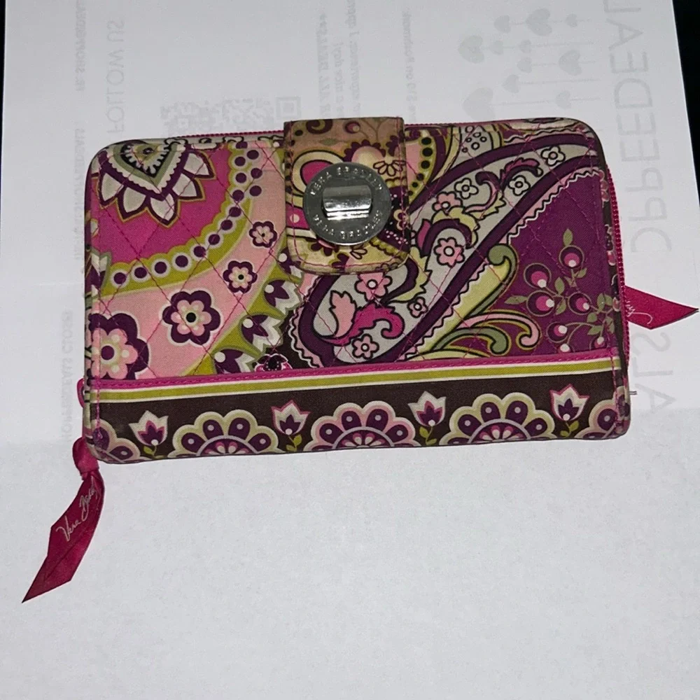 Vera Bradley Paisley Print Turn Lock Wallet – Burgundy, Pink & Green Floral - Picture 2 of 9